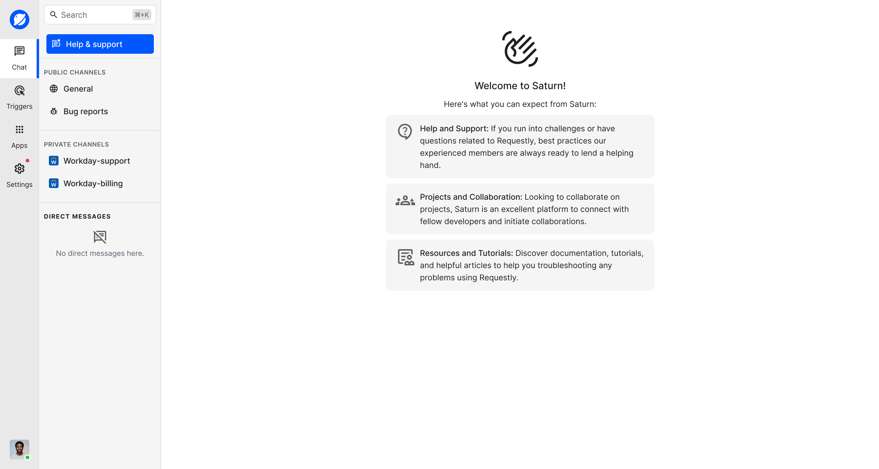 New Saturn workspace with welcome guidance and empty channels